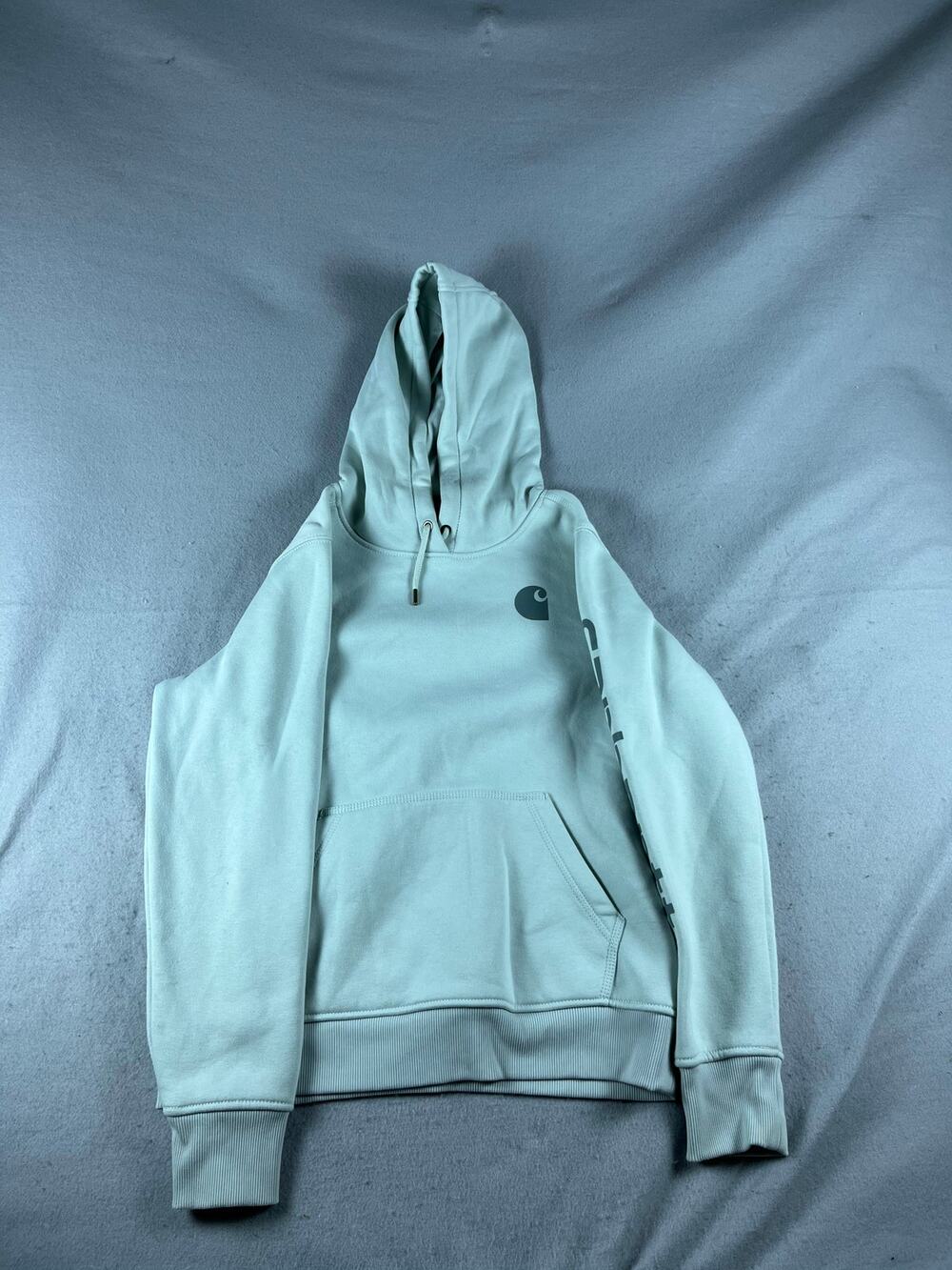 Carhartt Hoodie Womens M Green Relaxed Fit Spellout Logo Sleeve Rib Sweatshirt